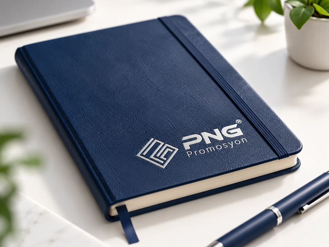 PNG Promosyon logosu işlenmiş lacivert defterin doku detayı