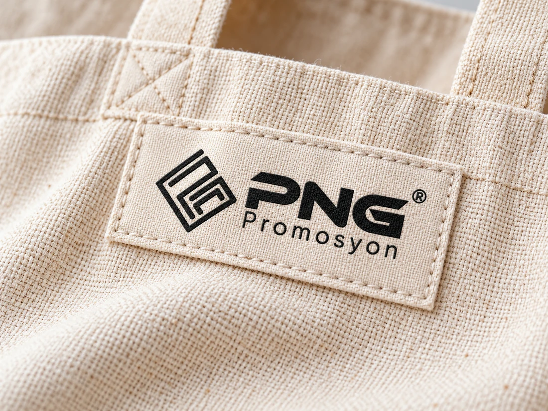 Doğal dokulu bez çantada PNG Promosyon logolu etiket