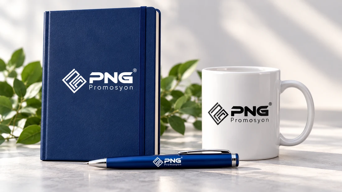 Günlük kullanım için PNG logolu defter, kupa ve kalem